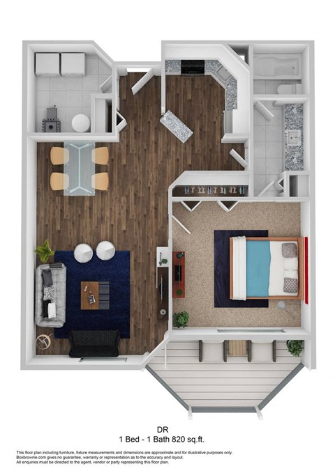 1 Bed, 1 Bath, 820 sq. ft. DR floor plan
